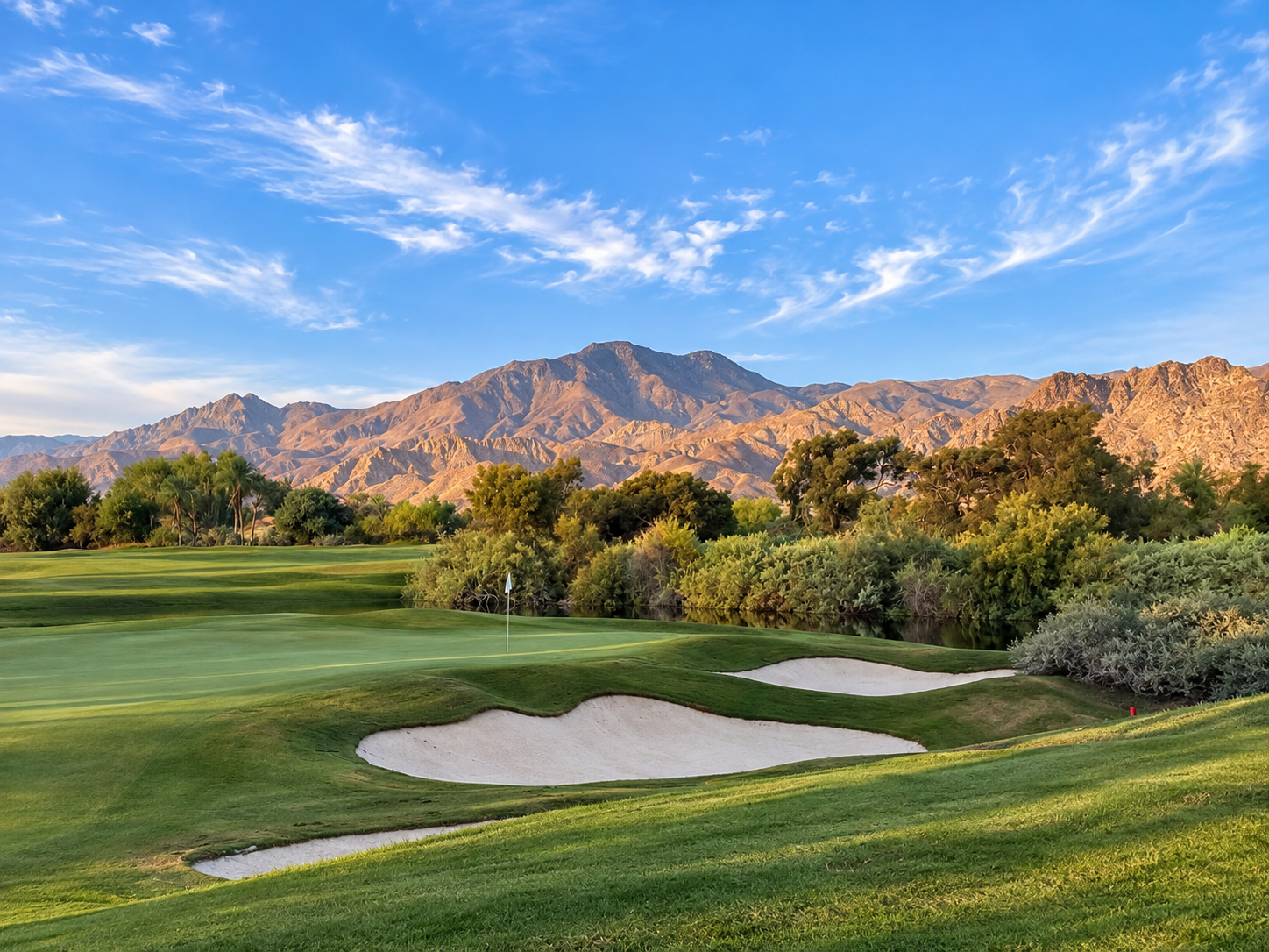 Bunker and green with Santa Rosa Mountains at PGA West Jack Nicklaus Private Course
