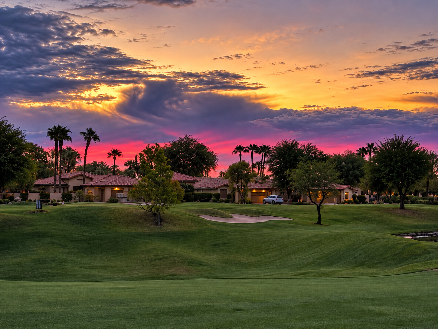 PGA West golf course at sunset — magenta and gold sky, palm silhouettes, La Quinta