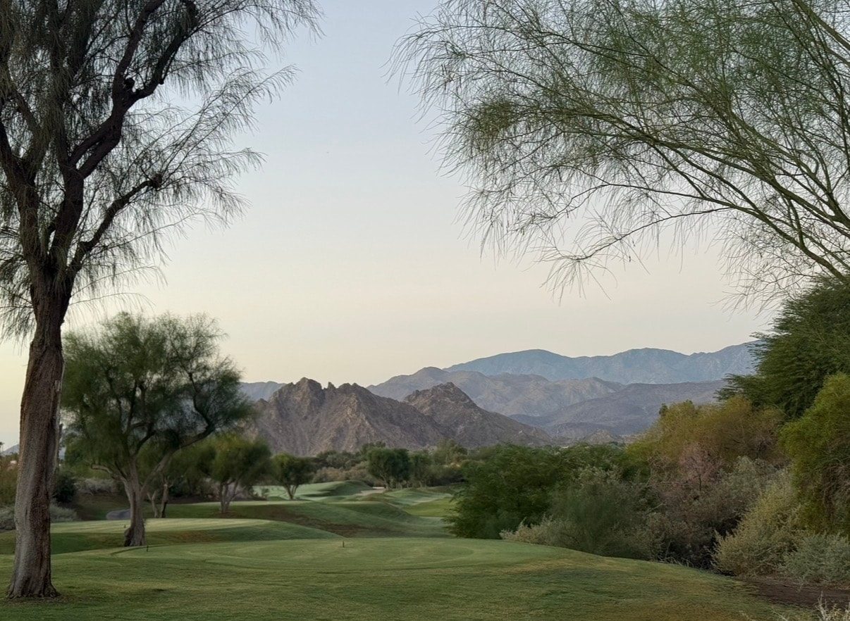 Golf course fairway at dusk, Coachella Valley desert landscape