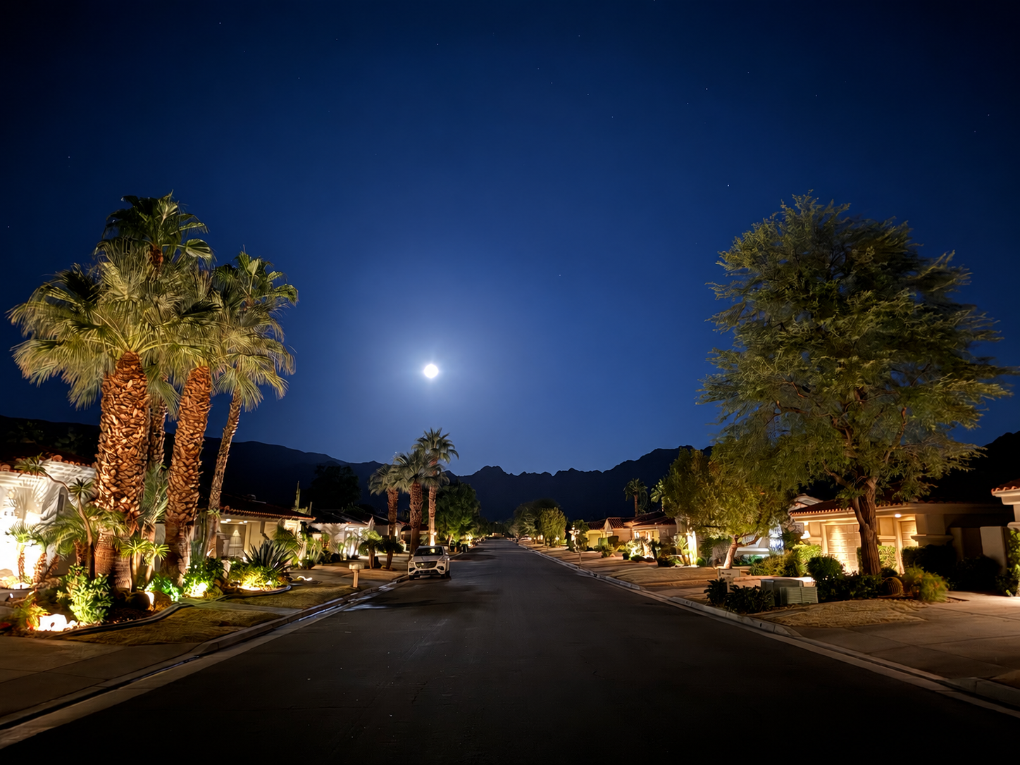 Moonlit street at PGA West framed by palm trees and the Santa Rosa Mountains