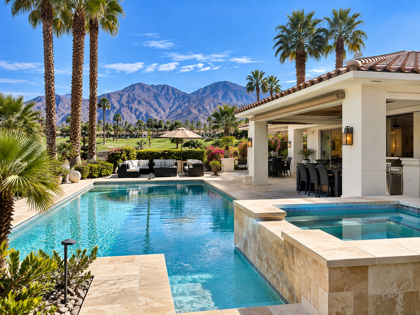 Private pool and spa at Solmirage villa with Santa Rosa Mountain views, palm trees, and outdoor living area