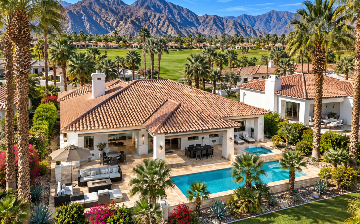 Aerial view of Solmirage villa, private pool, golf course and Santa Rosa Mountains, La Quinta