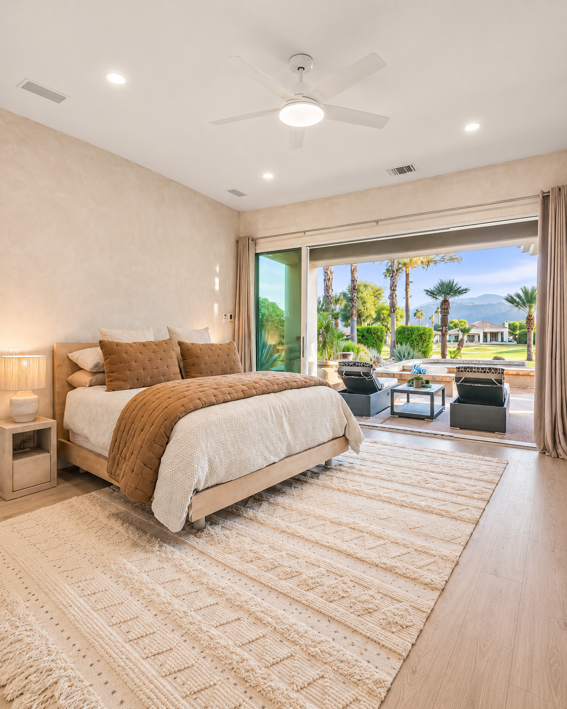 Primary bedroom at Solmirage opening to a private patio with golf course and Santa Rosa Mountain views.