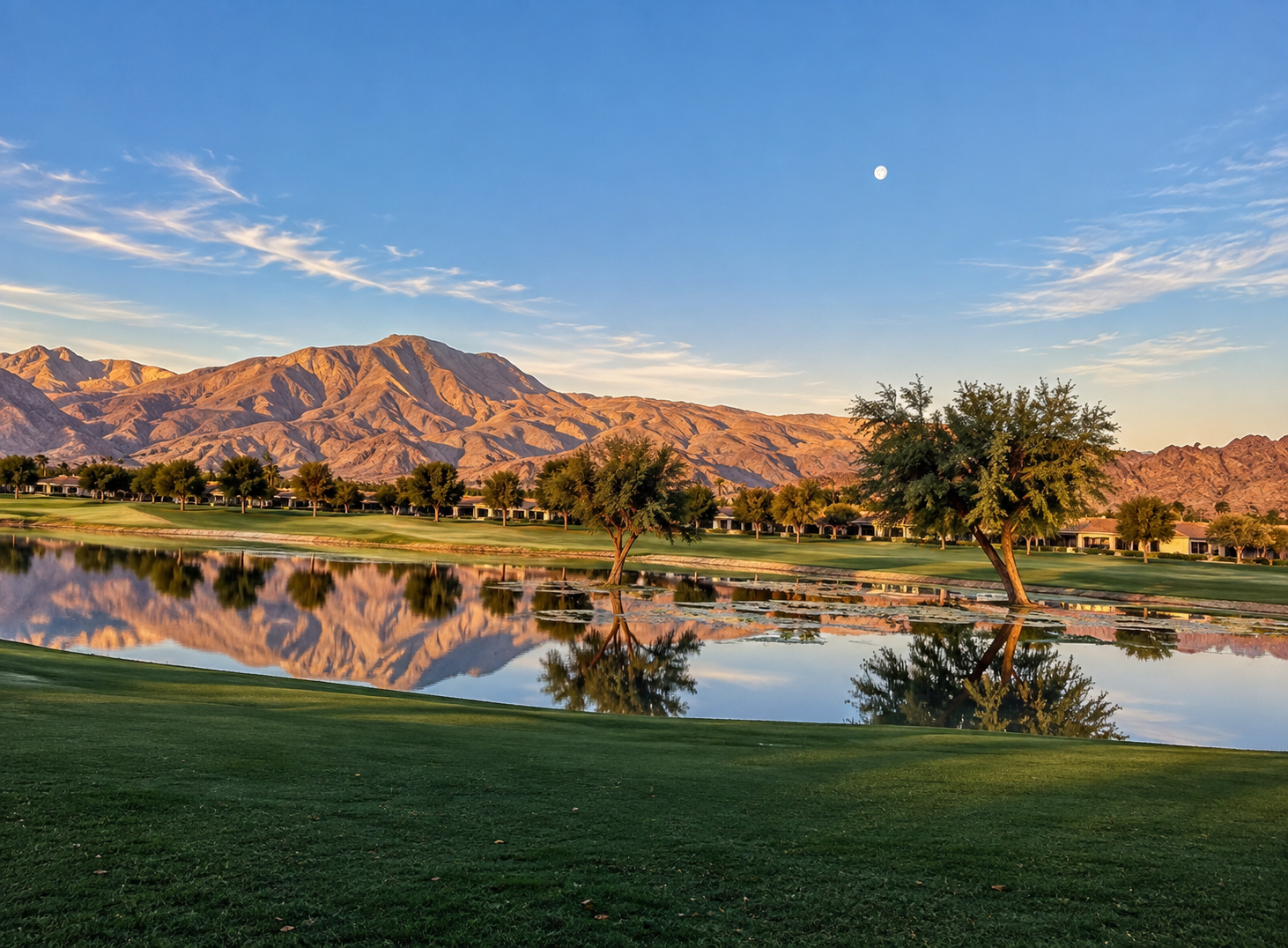 Desert golf course fairway at dusk, Coachella Valley